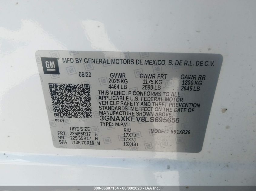 2020 CHEVROLET EQUINOX LT - 3GNAXKEV8LS695655