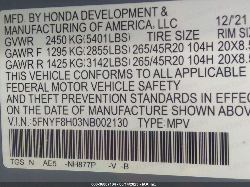 2022 HONDA PASSPORT ELITE - 5FNYF8H03NB002130