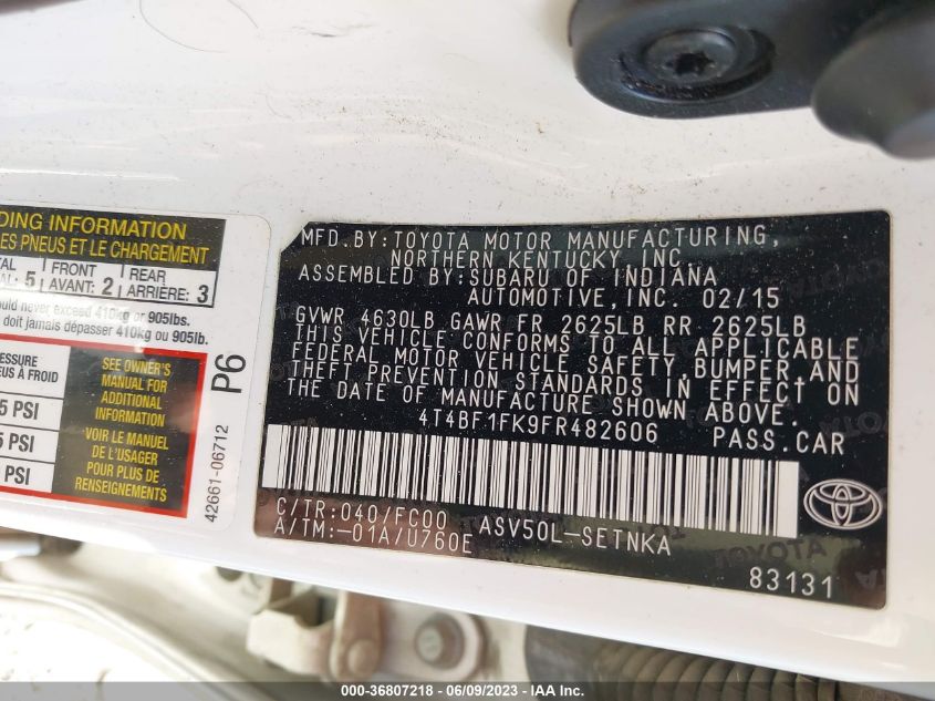 2015 TOYOTA CAMRY XLE/SE/LE/XSE - 4T4BF1FK9FR482606