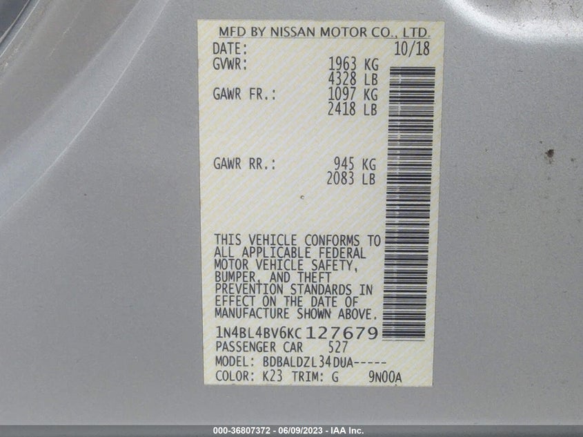 VIN 1N4BL4BV6KC127679 2019 NISSAN ALTIMA S