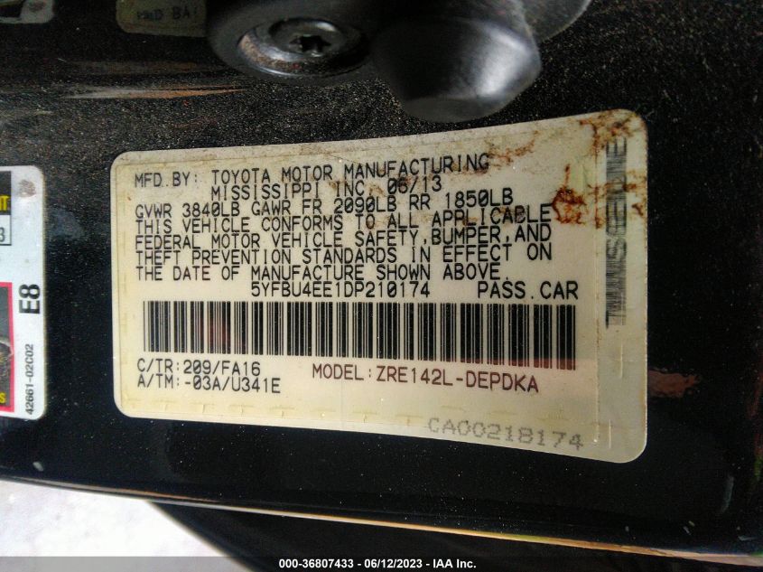 2013 TOYOTA COROLLA L/LE/S - 5YFBU4EE1DP210174