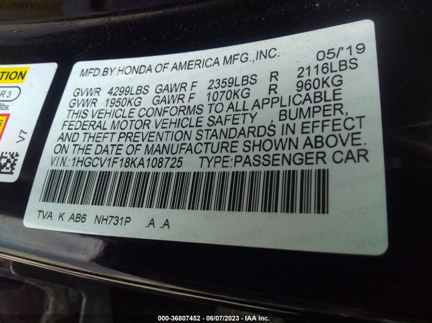 2019 HONDA ACCORD SEDAN LX 1.5T - 1HGCV1F18KA108725