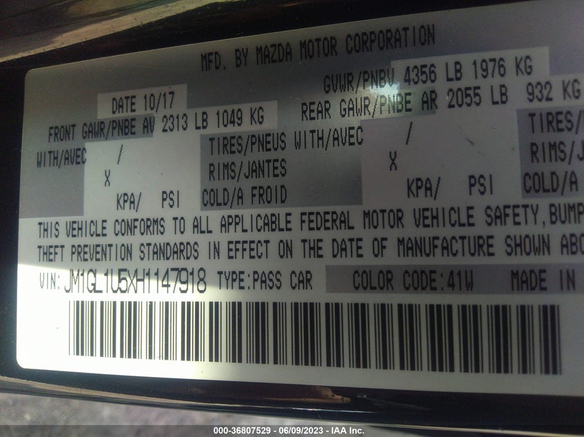 VIN JM1GL1U5XH1147918 2017 MAZDA MAZDA6 SPORT