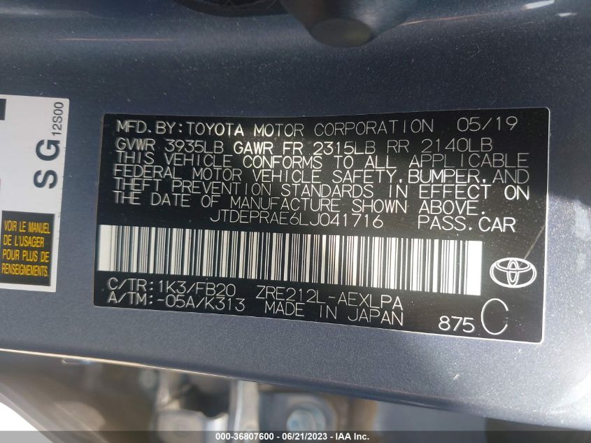2020 TOYOTA COROLLA LE - JTDEPRAE6LJ041716