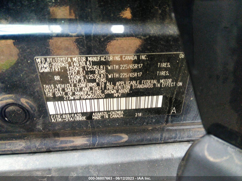 VIN 2T3W1RFV6KW050320 2019 TOYOTA RAV4 XLE