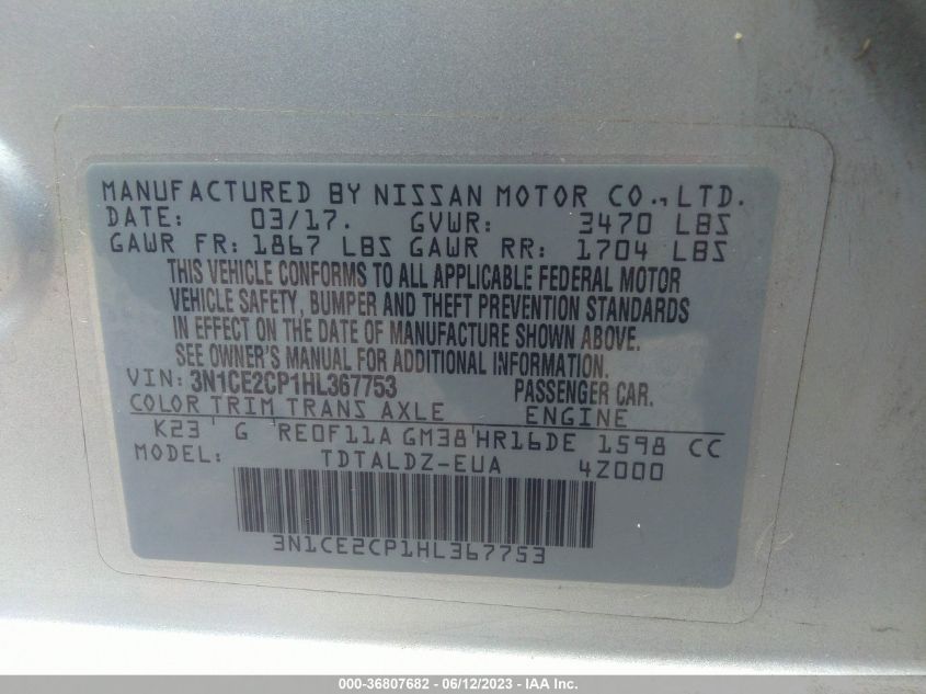 2017 NISSAN VERSA NOTE SV - 3N1CE2CP1HL367753