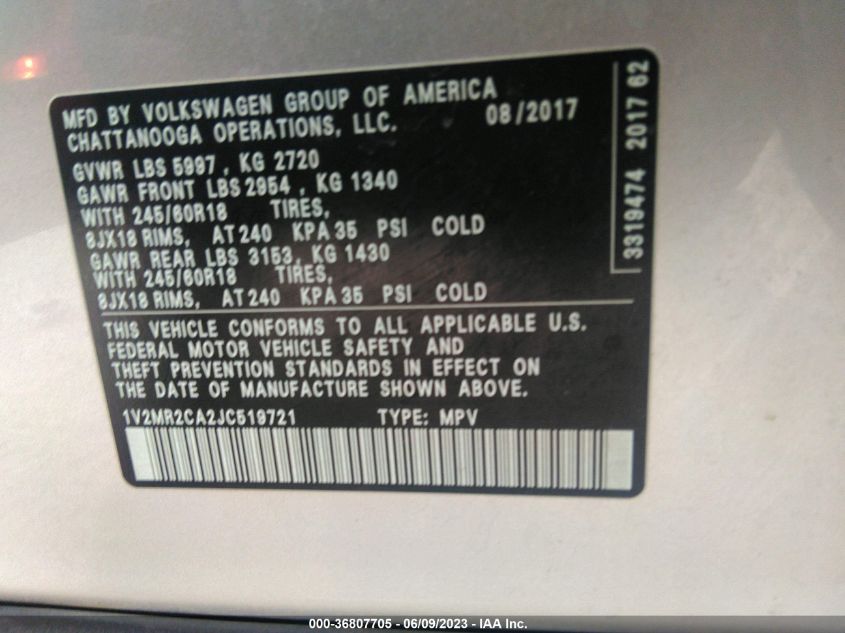 2018 VOLKSWAGEN ATLAS SEL - 1V2MR2CA2JC519721