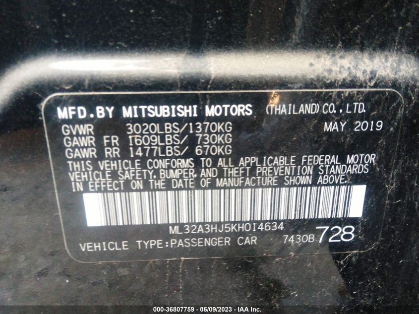 2019 MITSUBISHI MIRAGE ES/RF - ML32A3HJ5KH014634