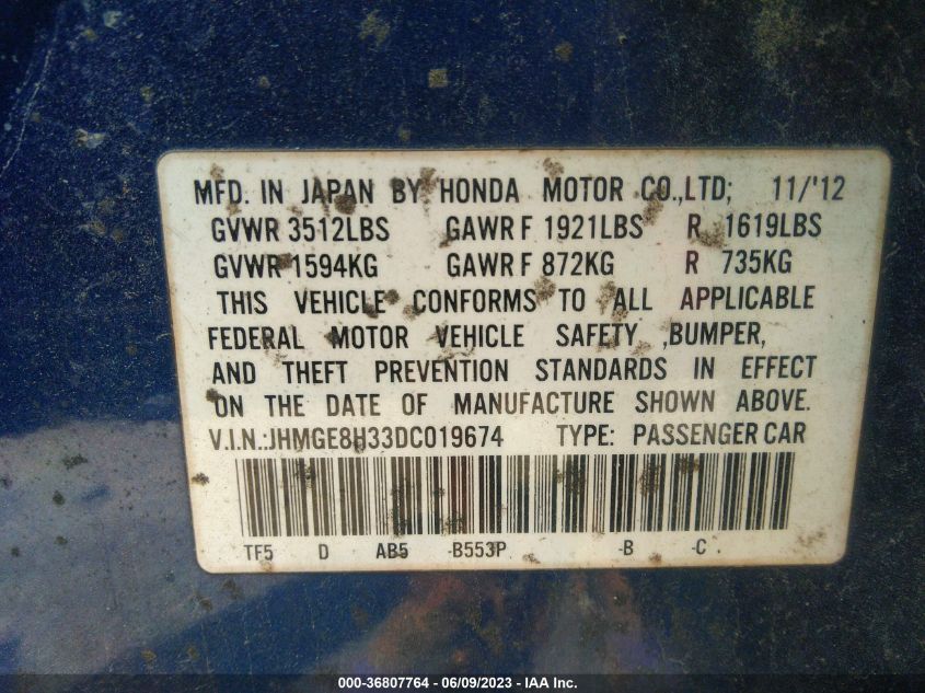 2013 HONDA FIT JHMGE8H33DC019674