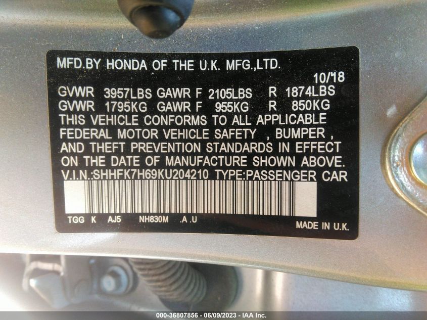 2019 HONDA CIVIC HATCHBACK EX - SHHFK7H69KU204210