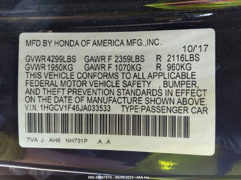 2018 HONDA ACCORD SEDAN EX 1.5T - 1HGCV1F46JA033533