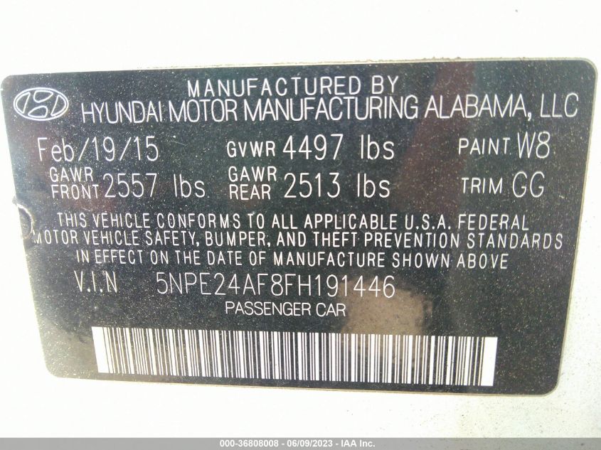 2015 HYUNDAI SONATA 2.4L SE - 5NPE24AF8FH191446