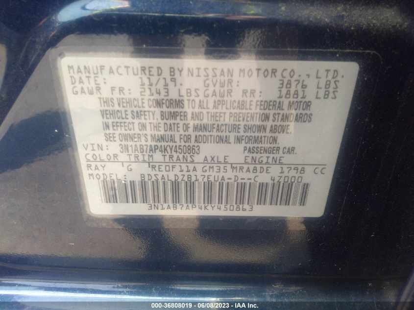 2019 NISSAN SENTRA SV - 3N1AB7AP4KY450863