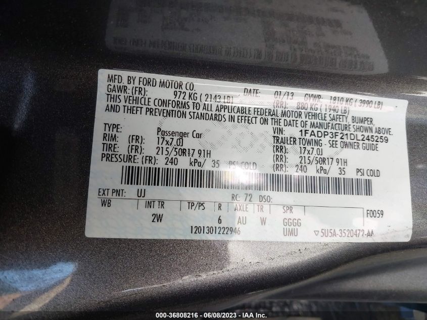 2013 FORD FOCUS SE - 1FADP3F21DL245259