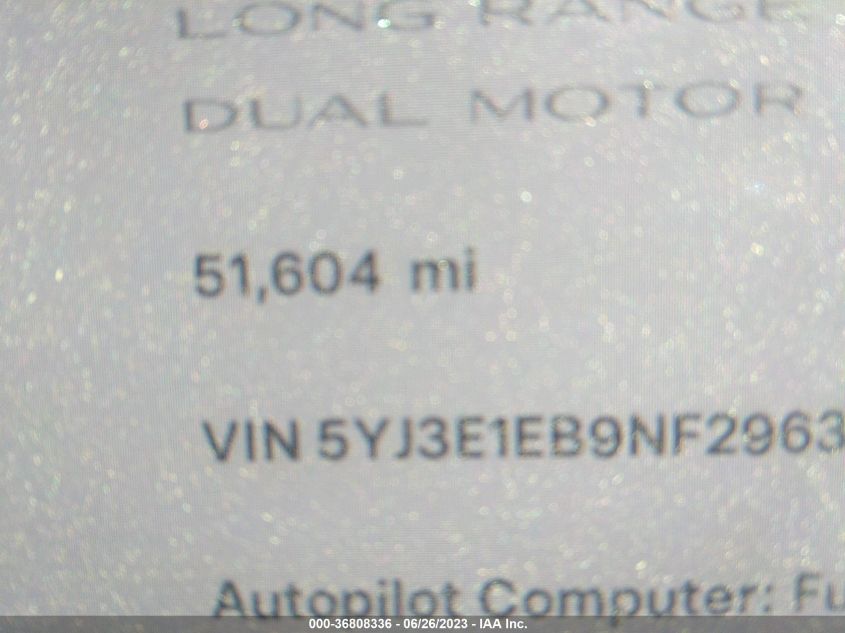 2022 TESLA MODEL 3 - 5YJ3E1EB9NF296398