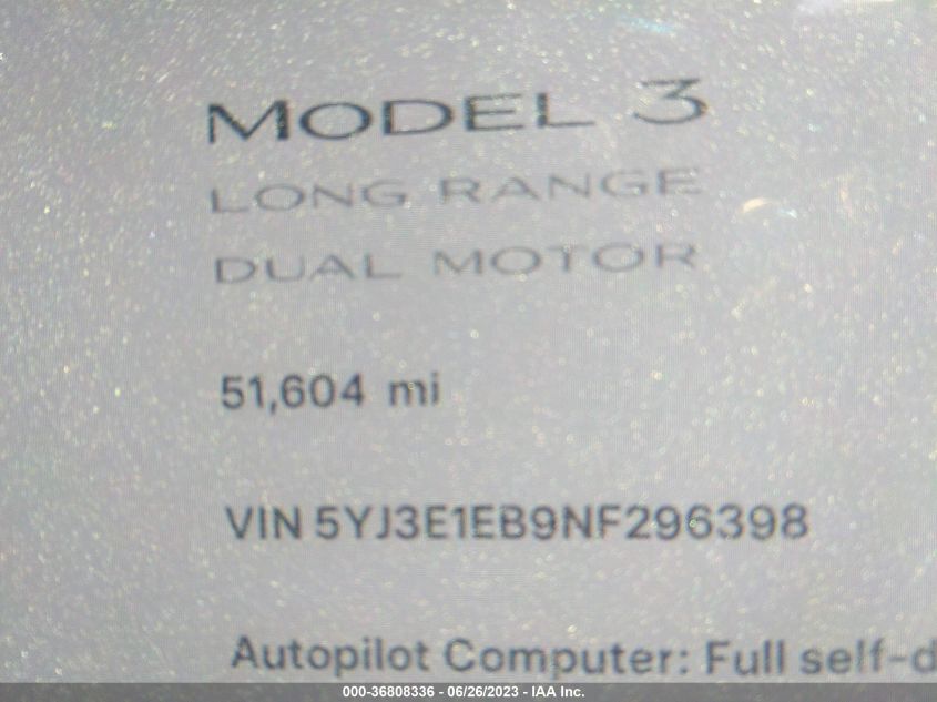 2022 TESLA MODEL 3 - 5YJ3E1EB9NF296398