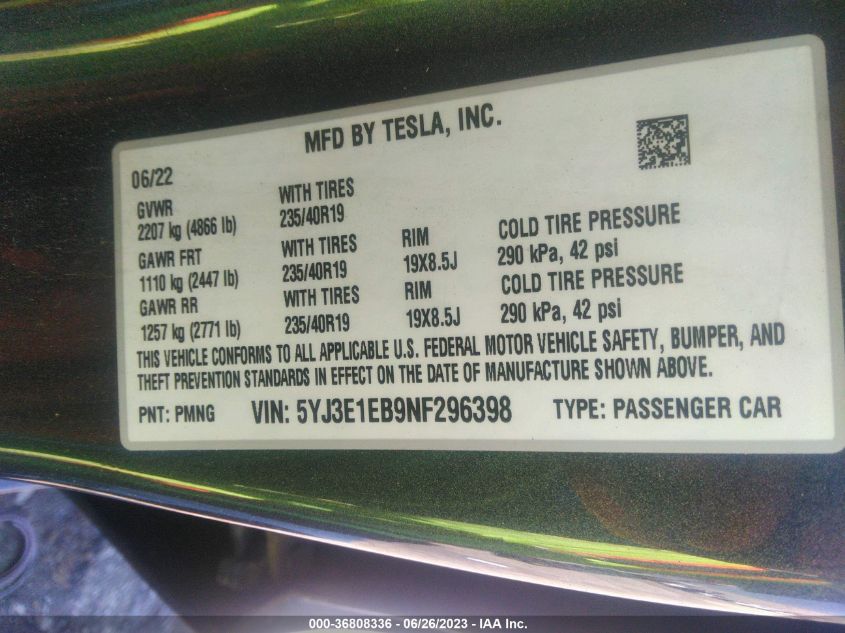 2022 TESLA MODEL 3 - 5YJ3E1EB9NF296398