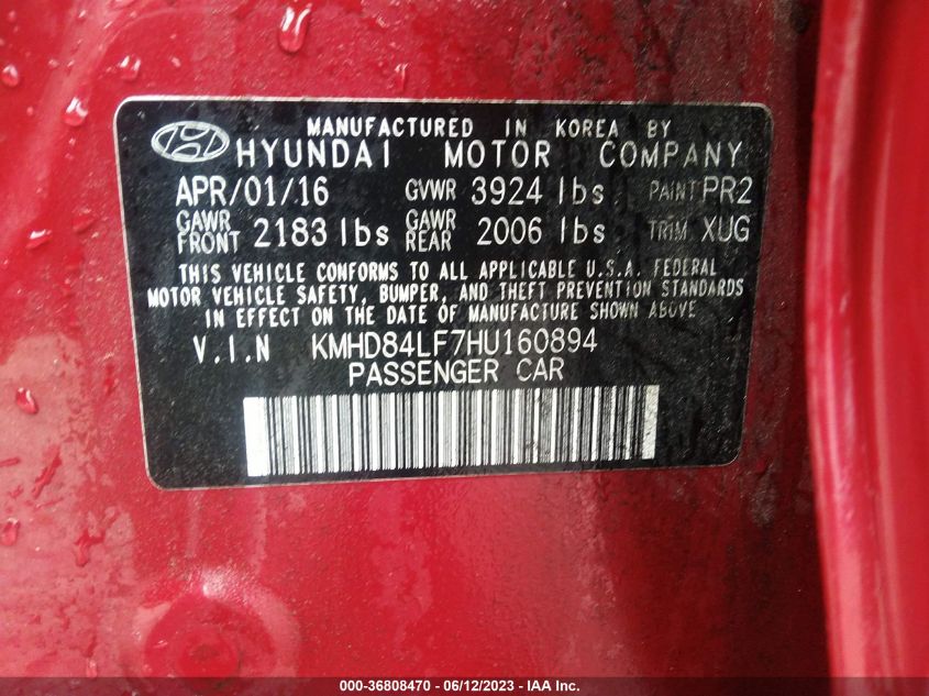 2017 HYUNDAI ELANTRA SE - KMHD84LF7HU160894