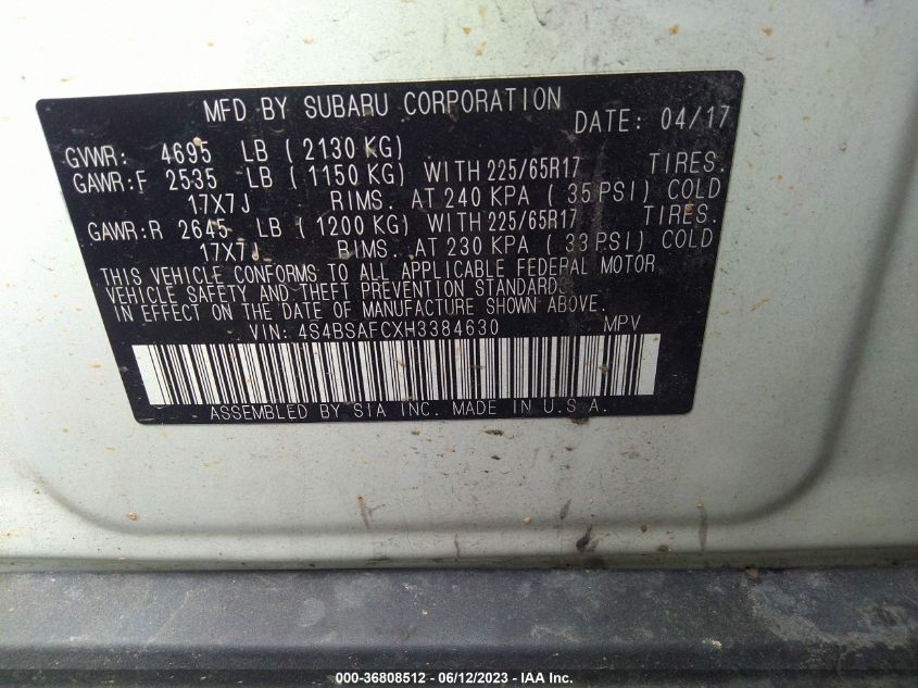 2017 SUBARU OUTBACK PREMIUM - 4S4BSAFCXH3384630