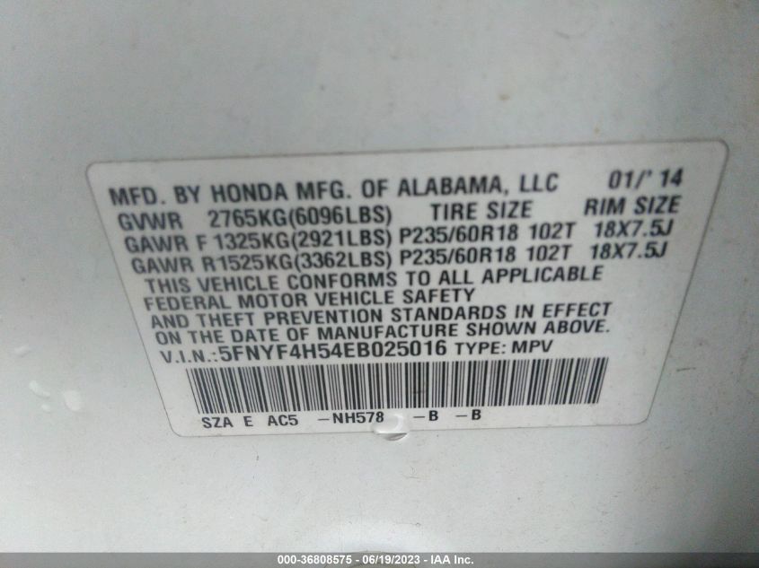 2014 HONDA PILOT EX-L - 5FNYF4H54EB025016