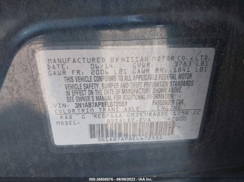 2014 NISSAN SENTRA S/FE+ S/SV/FE+ SV/SR/SL - 3N1AB7AP8EL672551