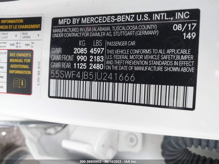 VIN 55SWF4JB5JU241666 2018 MERCEDES-BENZ C-CLASS C 300