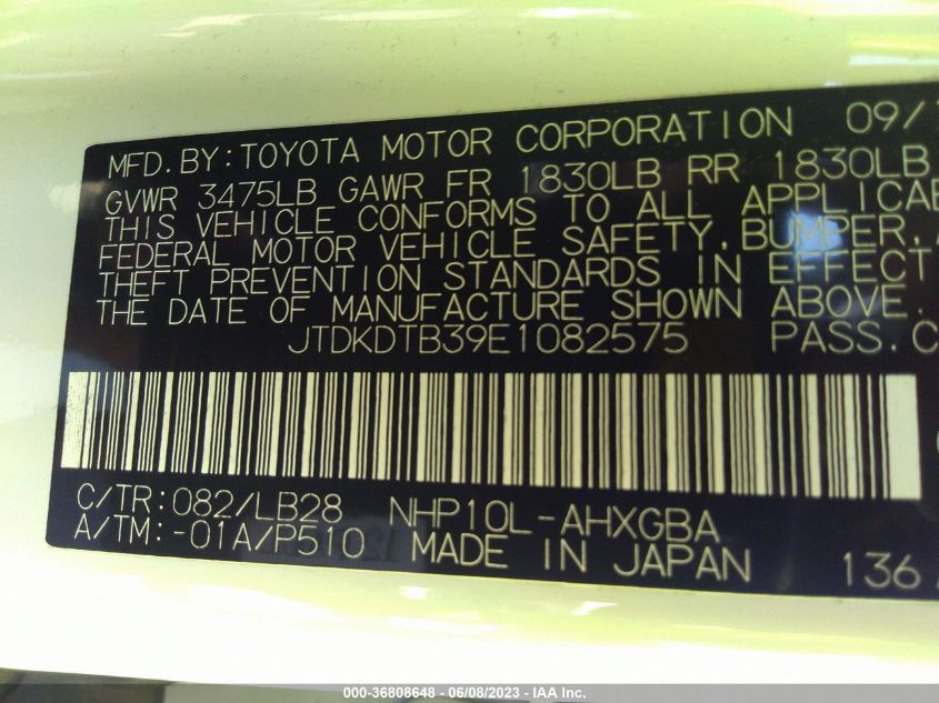 2014 TOYOTA PRIUS C ONE/THREE/TWO/FOUR - JTDKDTB39E1082575