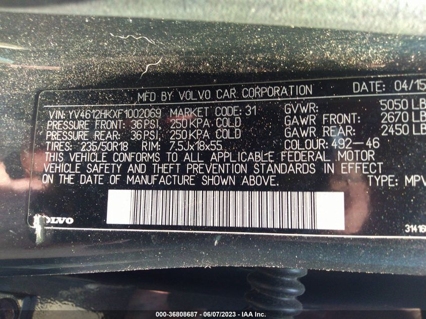 2015 VOLVO V60 CROSS COUNTRY T5 YV4612HKXF1002069