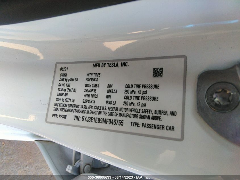 2021 TESLA MODEL 3 LONG RANGE - 5YJ3E1EB9MF046755
