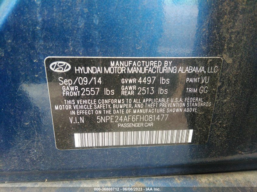 2015 HYUNDAI SONATA 2.4L SE - 5NPE24AF6FH081477