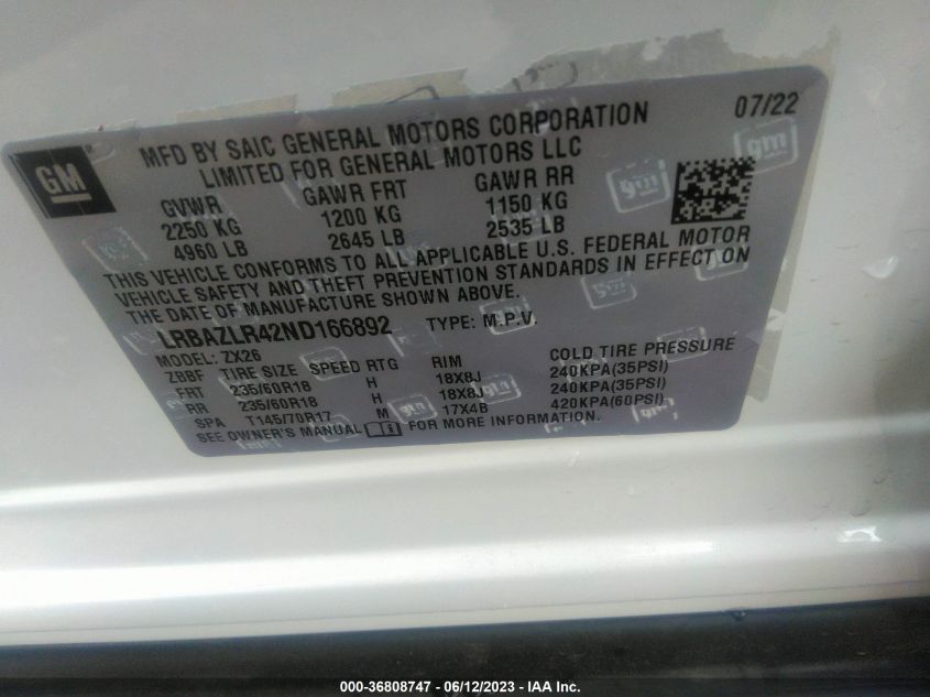 2022 BUICK ENVISION PREFERRED - LRBAZLR42ND166892