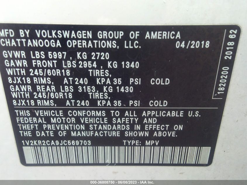 2018 VOLKSWAGEN ATLAS 3.6L V6 SE - 1V2KR2CA9JC569703