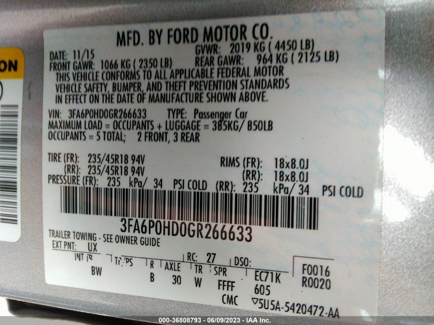 2016 FORD FUSION SE - 3FA6P0HD0GR266633