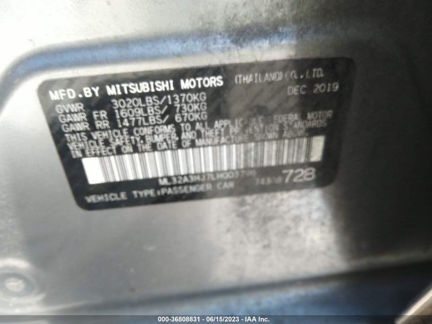 VIN ML32A3HJ7LH003796 2020 MITSUBISHI MIRAGE ES/SE