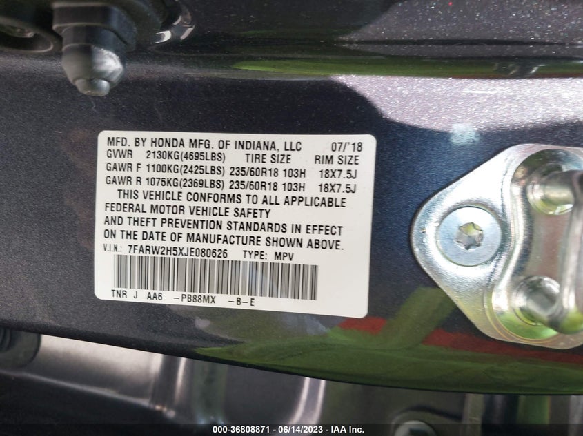 VIN 7FARW2H5XJE080626 2018 HONDA CR-V EX