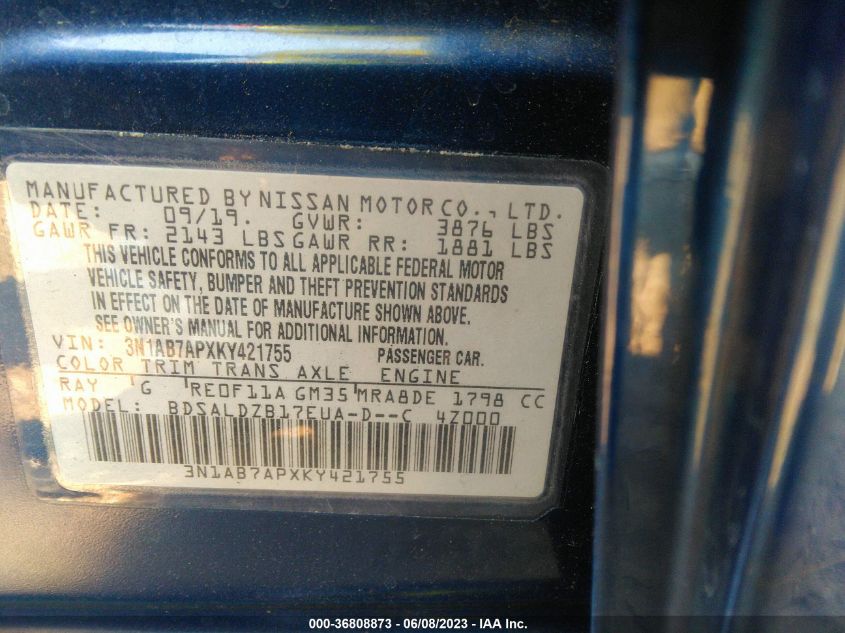2019 NISSAN SENTRA S/SV/SR/SL - 3N1AB7APXKY421755