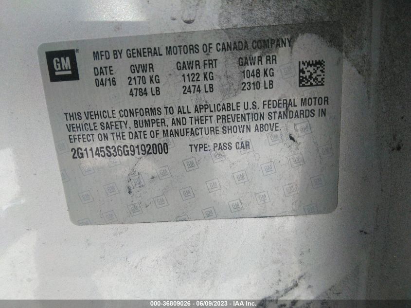 2016 CHEVROLET IMPALA LTZ - 2G1145S36G9192000