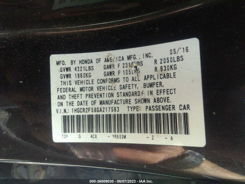 2016 HONDA ACCORD SEDAN SPORT - 1HGCR2F58GA217593