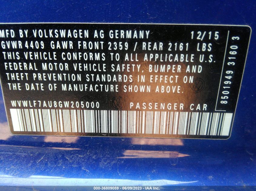 2016 VOLKSWAGEN GOLF R - WVWLF7AU8GW205000