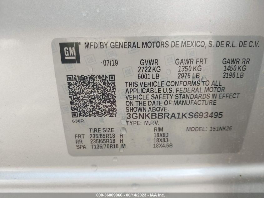2019 CHEVROLET BLAZER - 3GNKBBRA1KS693495