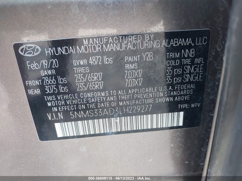 2020 HYUNDAI SANTA FE SEL - 5NMS33AD3LH229277