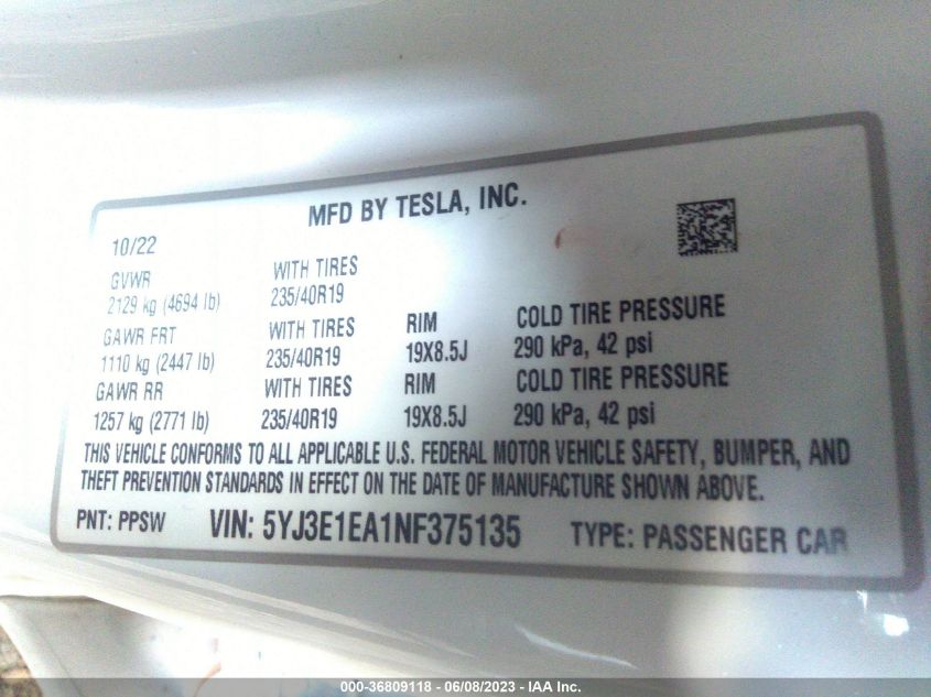 2022 TESLA MODEL 3 - 5YJ3E1EA1NF375135