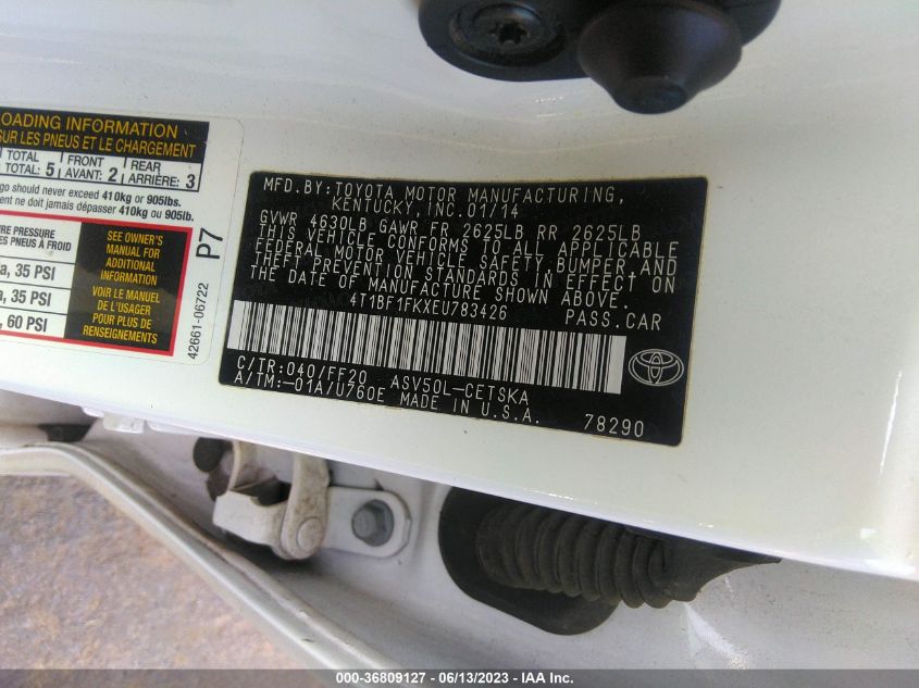 2014 TOYOTA CAMRY L/LE/XLE/SE/SE SPORT - 4T1BF1FKXEU783426