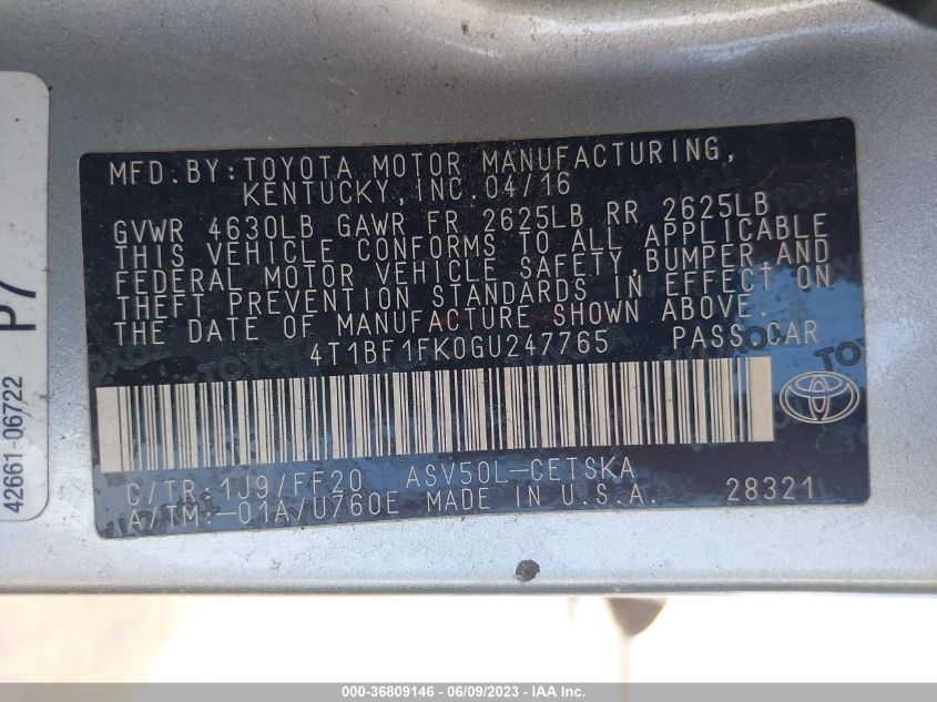 2016 TOYOTA CAMRY XLE/SE/LE/XSE - 4T1BF1FK0GU247765