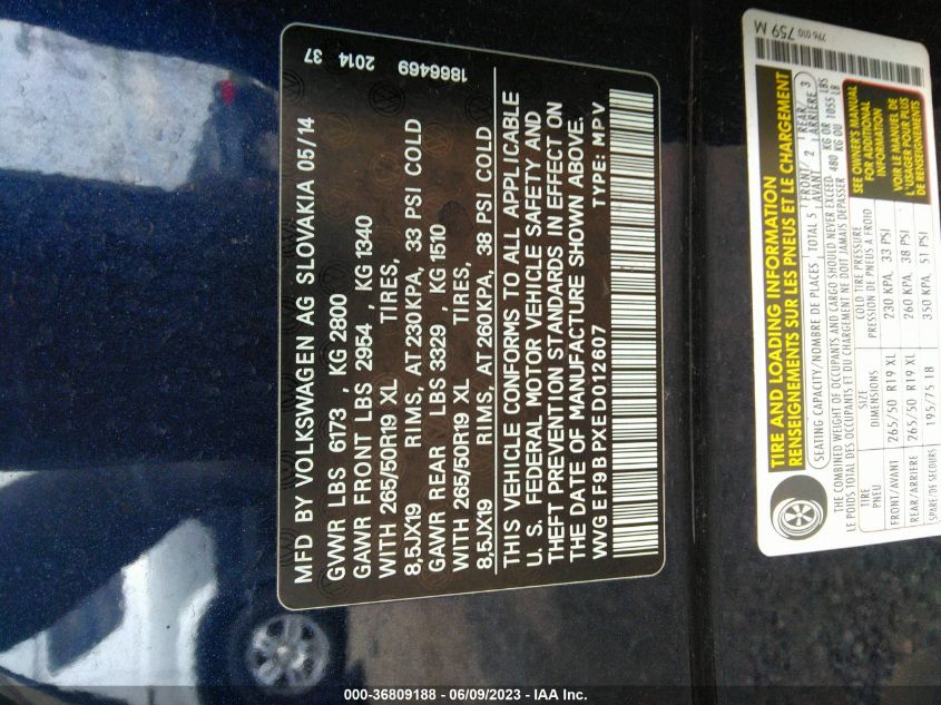 2014 VOLKSWAGEN TOUAREG V6 - WVGEF9BPXED012607