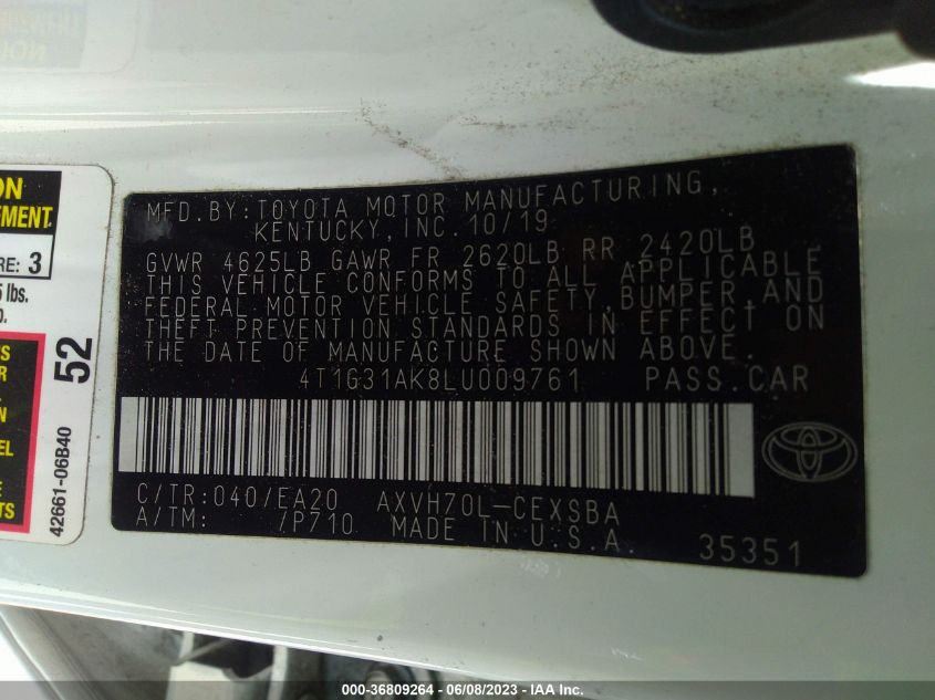 2020 TOYOTA CAMRY SE - 4T1G31AK8LU009761