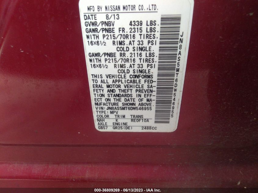 2013 NISSAN ROGUE S/SV - JN8AS5MT6DW546955