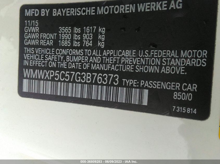 2016 MINI COOPER WMWXP5C57G3B76373
