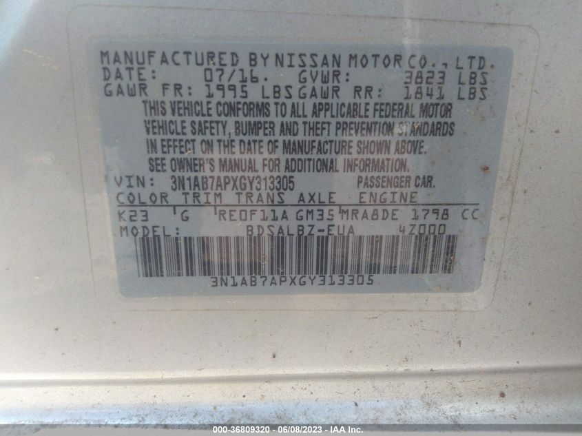 2016 NISSAN SENTRA S - 3N1AB7APXGY313305