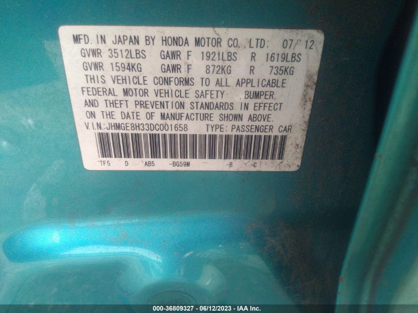 2013 HONDA FIT - JHMGE8H33DC001658